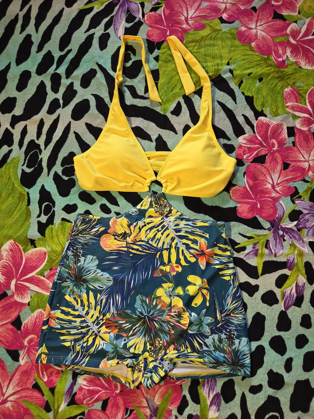 Yellow Halter One-Piece Swimsuit with Tropical Short